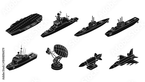 Isometric illustration of naval fleet including ships aircraft and radar station