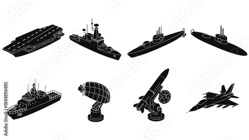 Black silhouette icons depicting naval vessels aircraft and military equipment
