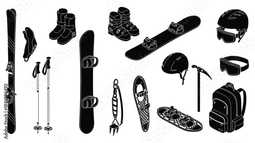 Winter sports equipment including skis snowboard boots and accessories displayed