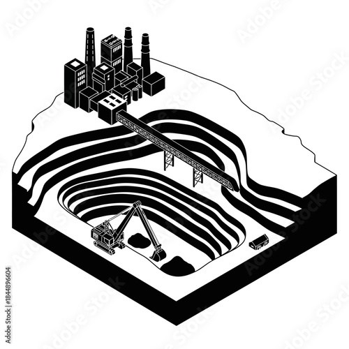 Isometric black and white illustration of an open-pit mine with an excavator and a factory complex connected by a conveyor belt system.