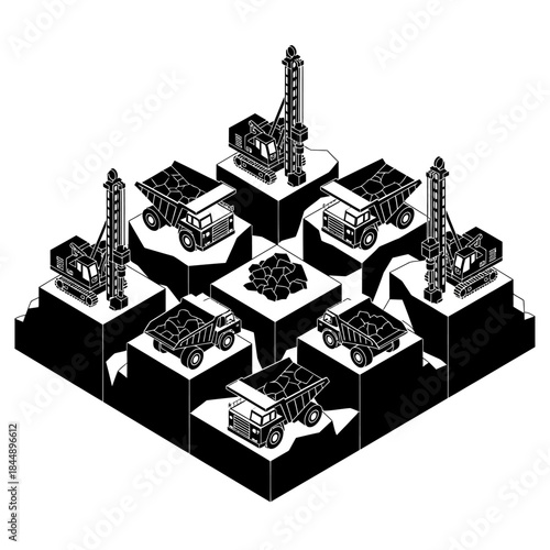 Isometric black and white illustration of a mining site with dump trucks, drilling rigs, and extracted ore.