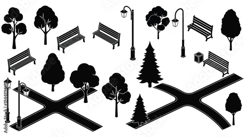 Black and white illustration of park elements trees benches paths and streetlights