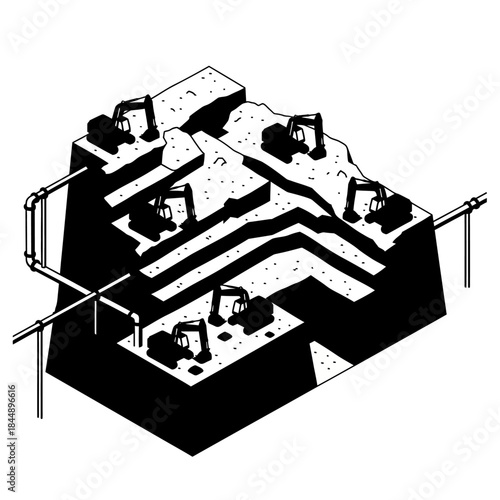 Isometric view of an open-pit mine with multiple excavators working on terraced levels, showing industrial excavation process and infrastructure.