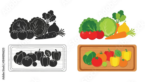 Fresh vegetables in color and monochrome arrangements on wooden surfaces