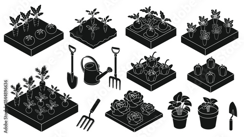 Isometric garden elements including plants tools and growing boxes in black and white