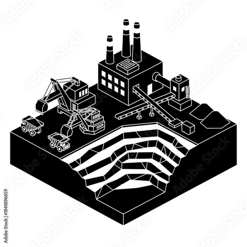 Isometric black and white illustration of an open-pit mining operation with heavy machinery and industrial processing plant.