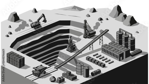 Isometric illustration of an open-pit mining operation with heavy machinery and processing facilities.