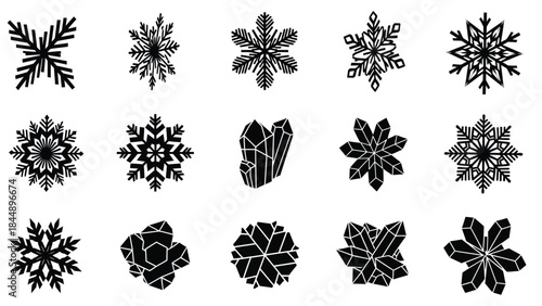 Detailed illustrations of various unique and intricate snowflake designs and crystals