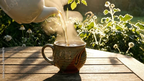 Steaming hot tea poured into a rustic mug on a wooden table in a sun-drenched garden.