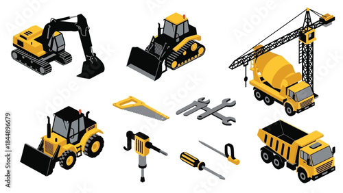 Isometric construction machinery icons excavators cranes dump trucks and other heavy equipment