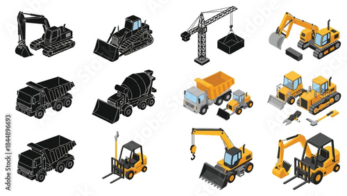 Isometric construction machinery and tools a detailed illustration of heavy equipment