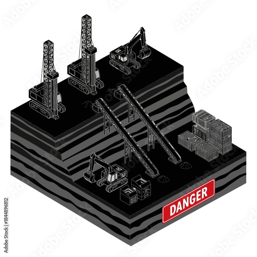 Isometric illustration of a construction or mining site with heavy machinery and a danger sign.
