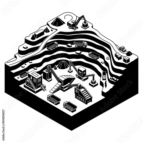 Isometric black and white illustration of an open-pit mining operation with heavy machinery and terraced levels.