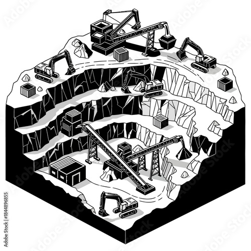 Isometric black and white illustration of an open-pit mine with multiple excavators, cranes, and conveyor belts extracting resources from terraced levels.