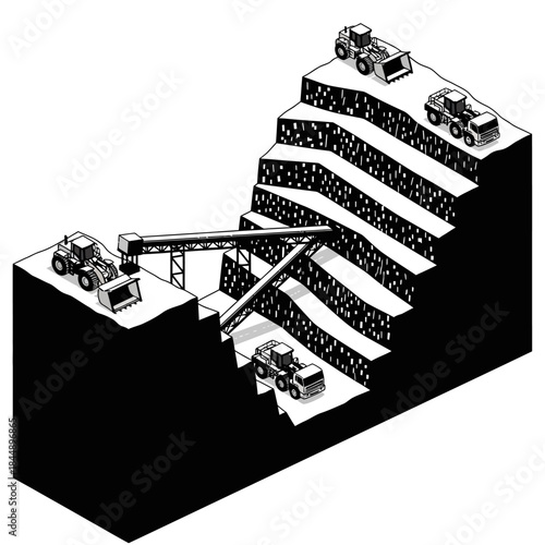 Illustration of an open-pit mining operation with heavy machinery and conveyor belts on multiple terraced levels.