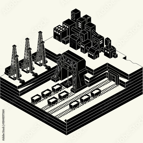 Isometric black and white illustration of an industrial complex with oil rigs, mining operations, and a city.