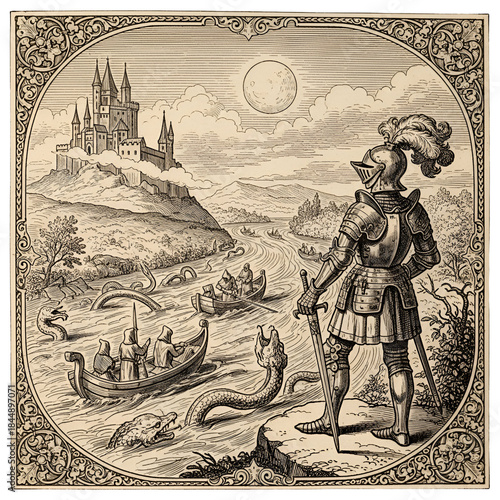 Armored Knight Holding Sword Watching Sea Serpent Attacks Engraving