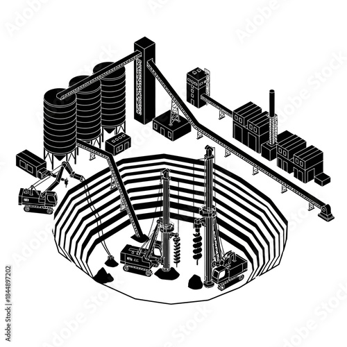 Isometric illustration of an open-pit mining operation with drilling rigs and processing facilities.