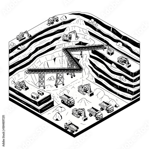 Isometric black and white illustration of a large open-pit mining operation with heavy machinery, excavators, dump trucks, and conveyor belts working in layered earth.