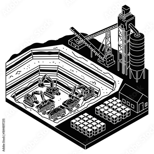 Isometric black and white illustration of an open-pit mine with excavators, dump trucks, conveyor belts, a processing plant, and stacked finished products.