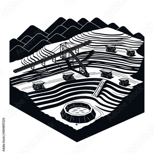 Isometric black and white illustration of an open-pit mine with heavy machinery, conveyor system, and terraced landscape.