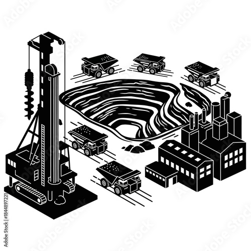 Isometric illustration of an open-pit mining operation with drilling rig, dump trucks, and processing plants.