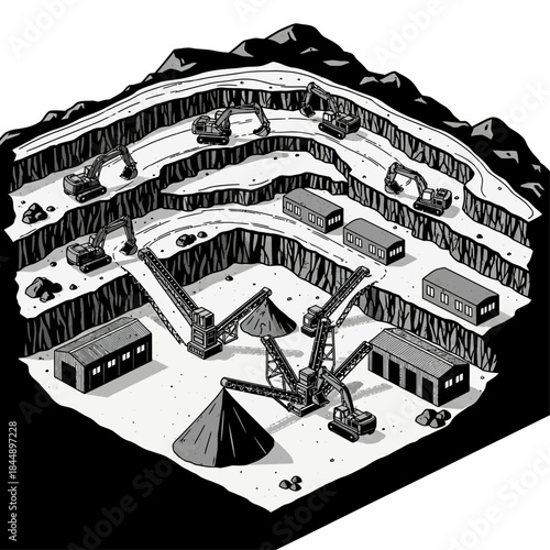 An isometric illustration of a large-scale open-pit mining operation with excavators, conveyor belts, and industrial buildings.