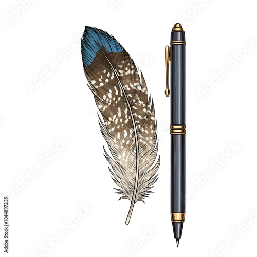 Feather and Pen Elegant Stationary Still Life on Transparent Background