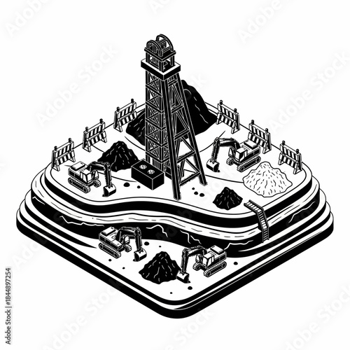 Isometric black and white illustration of a mining site with a headframe, excavators, and piles of excavated material.
