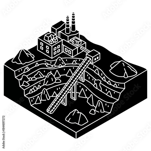 Isometric black and white illustration of an open-pit mine with a factory and conveyor belt system.