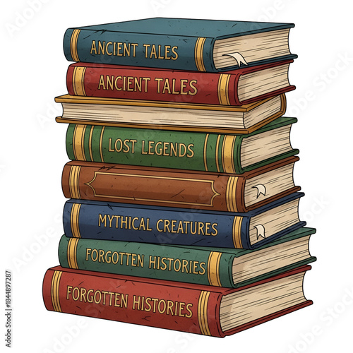 Stacked Colorful Antique Books of Myths and Legends on Transparent Background