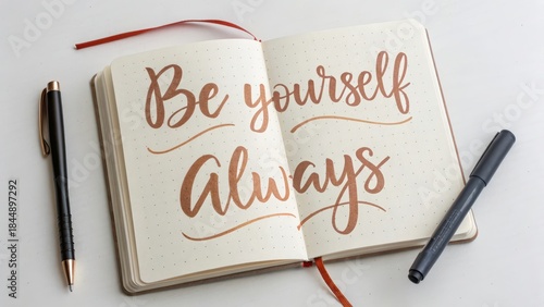 Open notebook displaying the empowering message Be yourself Always in elegant rose gold brush lettering
