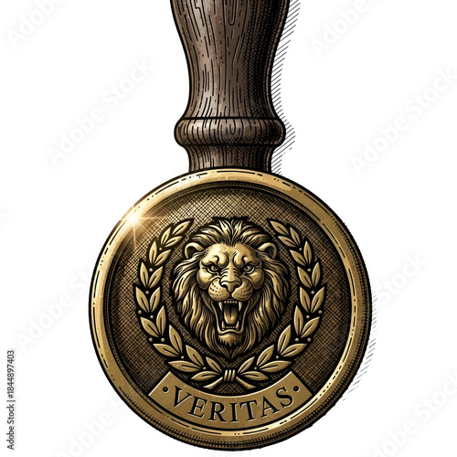 Golden Lion Crest Seal with Laurel Wreath and Wooden Handle on Black