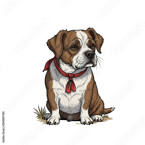 Adorable Brown and White Puppy Wearing Red Scarf Sitting on Transparent Background