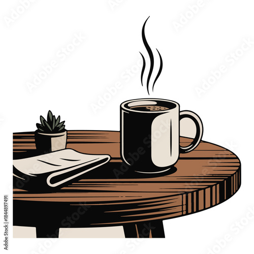 Steaming coffee mug on a wooden table with a small plant and folded paper drink.