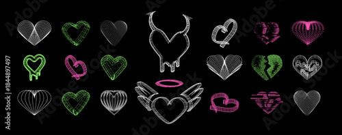 Modern Edgy Wireframe Heart Icon Set. Angel Heart and Demon Heart