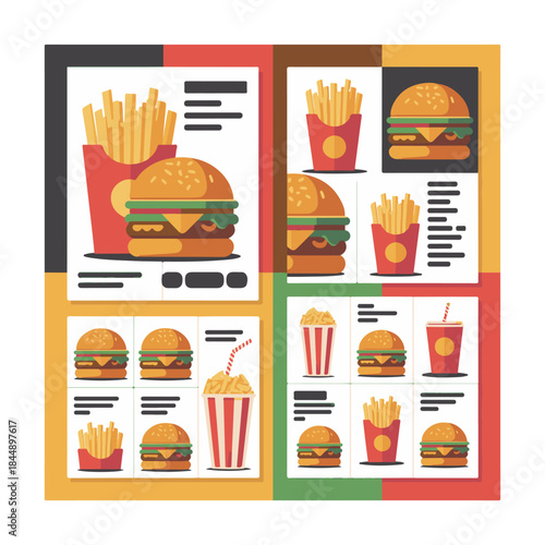 Flat design fast food menu with burgers fries and drinks hamburger french.