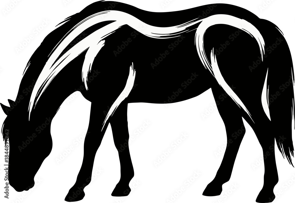 Obraz premium Grazing Horse Silhouette Negative Space Ink Art. Calm Black Vector Animal Illustration with White Brush Details for 2026 Design