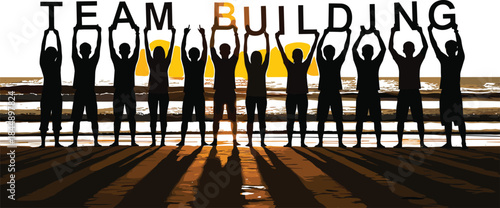 Team building, beach sunset, silhouette people, unity, collaboration, motivation, group activity, teamwork, outdoor event, inspirational, leadership, bonding, success