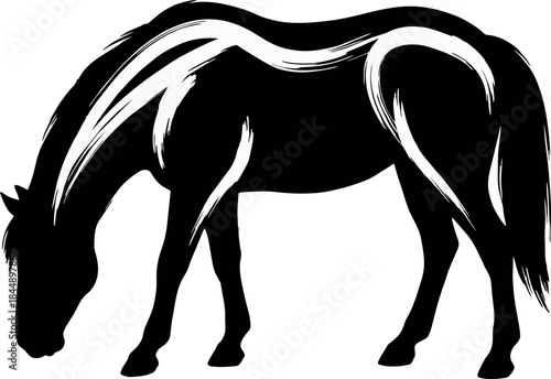 Grazing Horse Silhouette Negative Space Ink Art. Calm Black Vector Animal Illustration with White Brush Details for 2026 Design