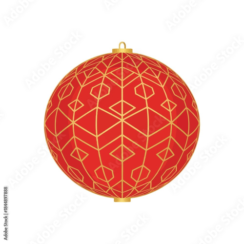A red spherical ornament with an intricate gold geometric pattern, featuring a hanging loop and bottom cap.