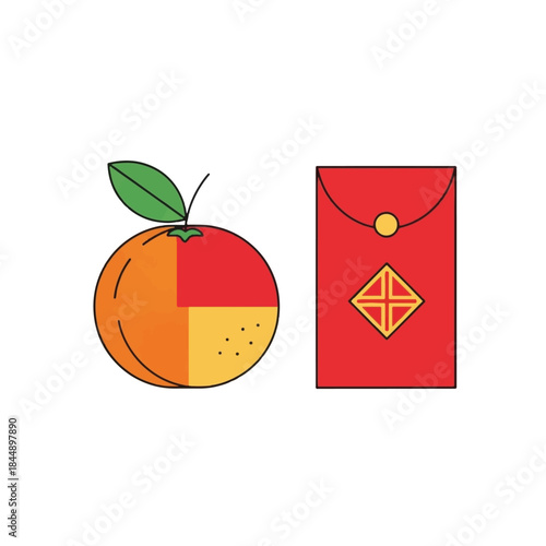 Stylized illustration of a vibrant orange fruit and a traditional red envelope, symbolizing good fortune and prosperity.