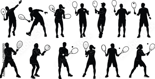 Tennis player silhouette set, vector illustration collection, black sport figures, man and woman athletes, racket game action poses, championship