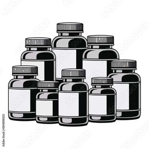 Group of various sized black plastic supplement bottles with white labels container pill.