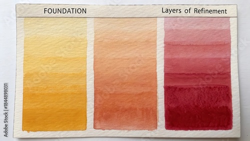 Three harmonious watercolor color gradients demonstrating layered washes in yellow, orange, and red tones
