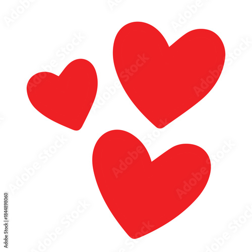 Vector minimalist design featuring three red hearts arranged harmoniously, flat colors, smooth lines, romantic mood, simple aesthetic, and a timeless symbol of love and affection.
