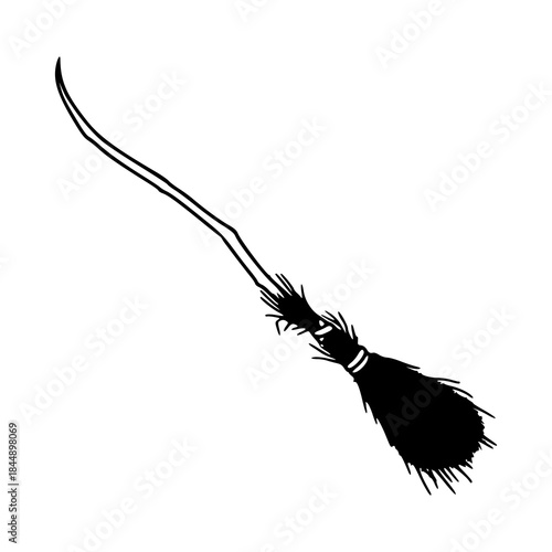 retro rustic broom ink drawing, simple witchcraft element