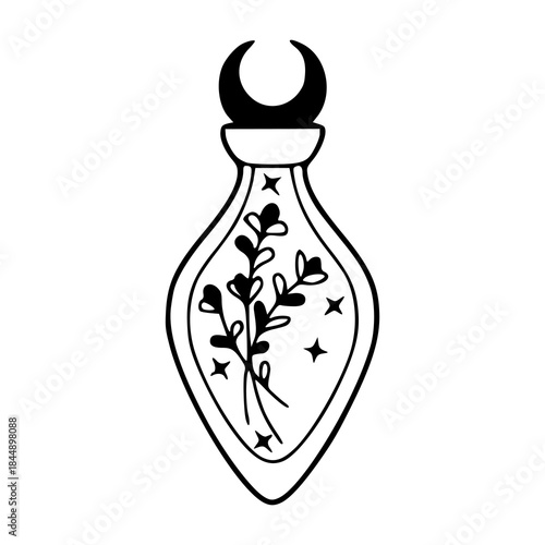 magic herbal potion bottle with flowers, mystical elixir vector icon