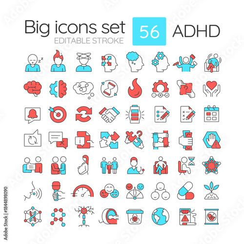 ADHD line color icons set. Mental health, genetic illness. Parenting education. Psychological therapy. Vector illustrations. Simple flat colorful symbols collection. Editable stroke