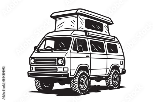 Minimalist vector illustration of a vintage campervan, clean flat design with simple shapes, smooth lines, retro character, balanced composition, and timeless travel vibe for modern graphic use.